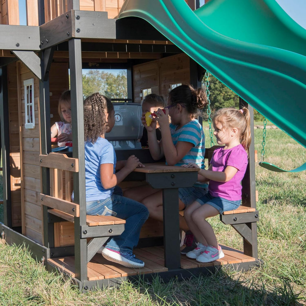 Canyon Creek Cedar Wood Swing Set with Wave Slide, Clubhouse, Play Kitchen, Picnic Area, Belt Swings, Web Swing, Rock Wall, Balconies, Playhouse, Step Ladder, Outdoor Playset