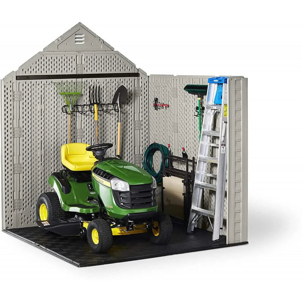 Rubbermaid 7??7 Ft Durable Weather Resistant Resin Outdoor Garden Storage Shed with Windows and Utility Hooks, Sand