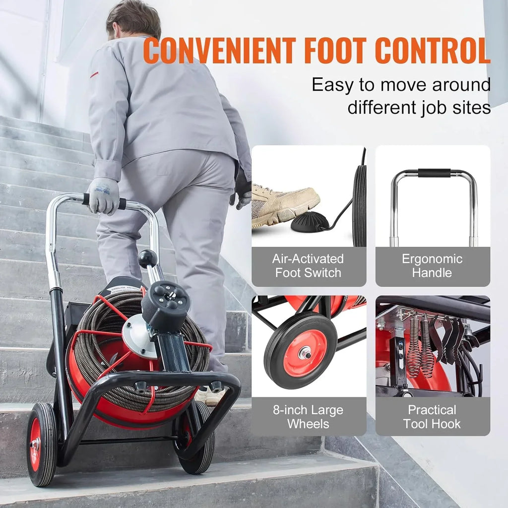 Drain Cleaner Machine 100FT x 1/2 Inch, Auto Feed Sewer Snake Auger on Wheels, 550W Portable Drain Cleaning Machine with 8 Cutters & Air-activated Foot Switch for 2 to 4 Pipes