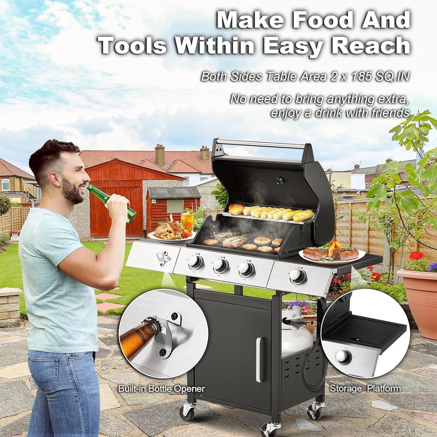 Upgraded 4 Burner BBQ Propane Gas Grill with Cast Iron Grates & Side Stove, 44,000 BTU Stainless Steel Burner Barbecue Grill for Patio, Camping, Outdoor Cooking MELLCOM