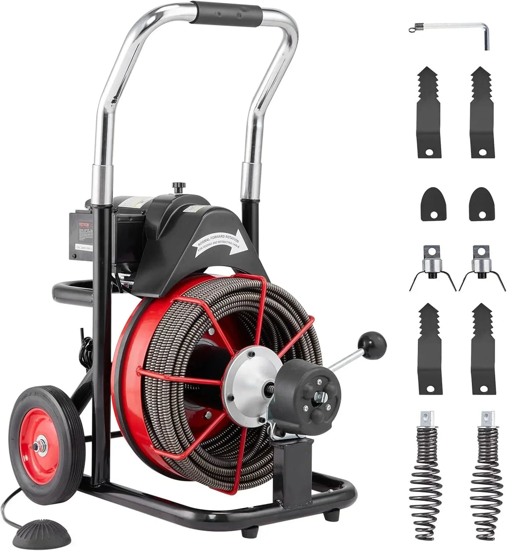 Drain Cleaner Machine 100FT x 1/2 Inch, Auto Feed Sewer Snake Auger on Wheels, 550W Portable Drain Cleaning Machine with 8 Cutters & Air-activated Foot Switch for 2 to 4 Pipes