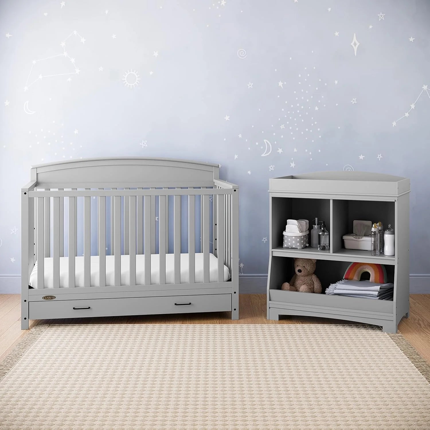 5-in-1 Convertible Baby Bed (with drawers, white) - Green Guardian Gold Certification, built-in baby bed storage drawer, convertible to toddler bed, day bed and full-size bed