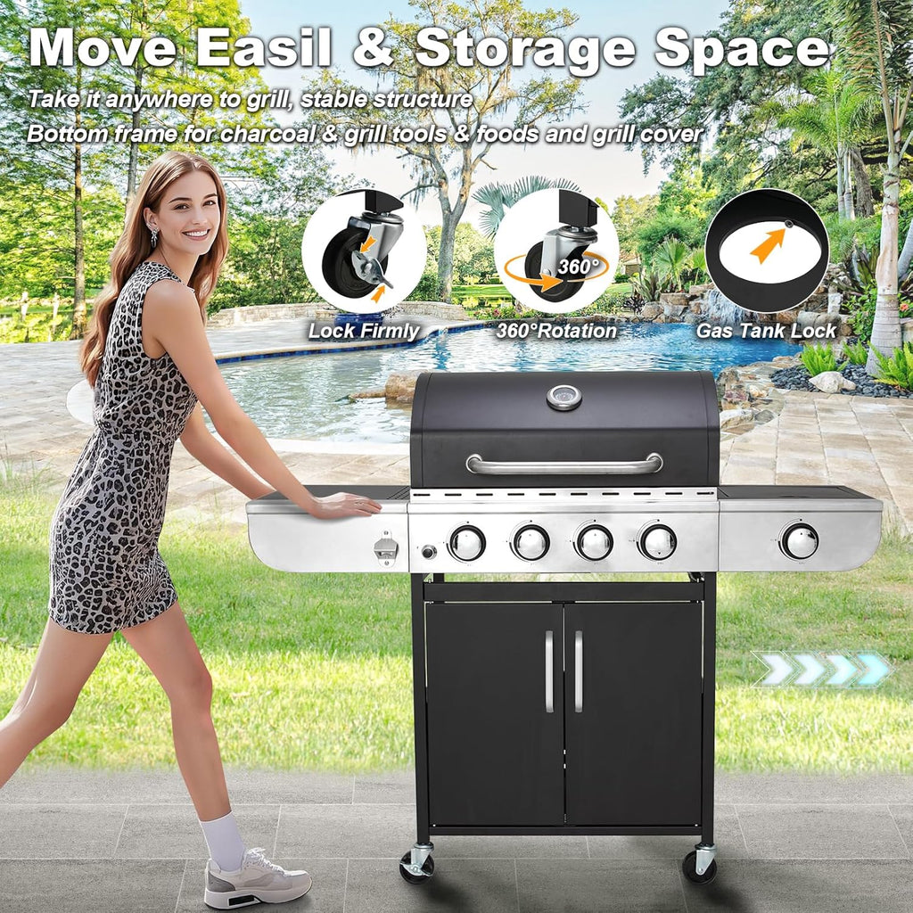 Upgraded 4 Burner BBQ Propane Gas Grill with Cast Iron Grates & Side Stove, 44,000 BTU Stainless Steel Burner Barbecue Grill for Patio, Camping, Outdoor Cooking MELLCOM