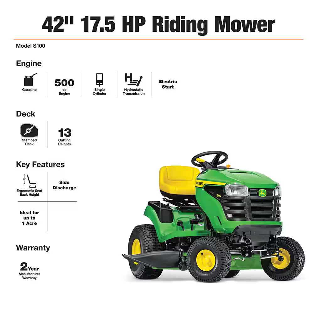 John Deere S100 42 in Riding Lawn Mower a?? 17.5 HP Gas Hydrostatic Drive
