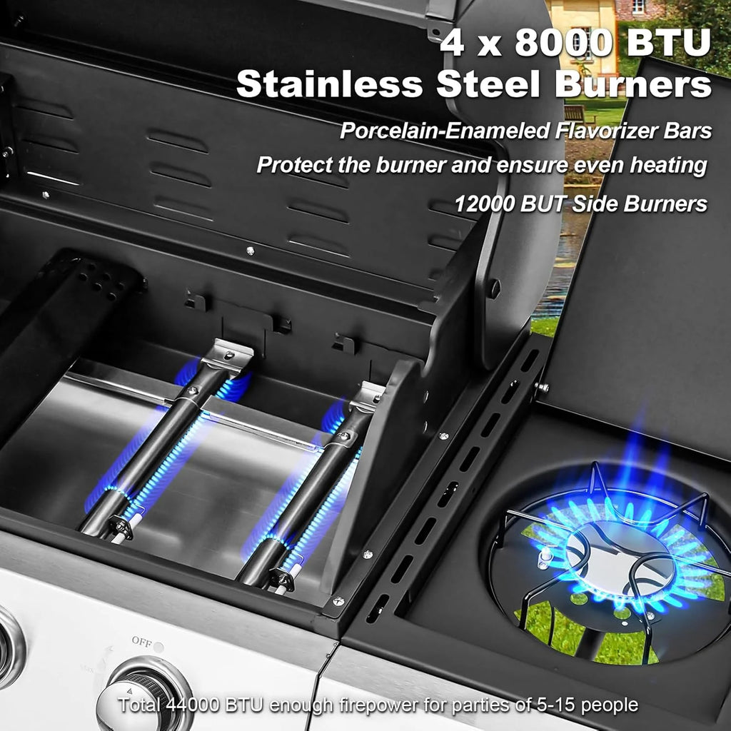 Upgraded 4 Burner BBQ Propane Gas Grill with Cast Iron Grates & Side Stove, 44,000 BTU Stainless Steel Burner Barbecue Grill for Patio, Camping, Outdoor Cooking MELLCOM
