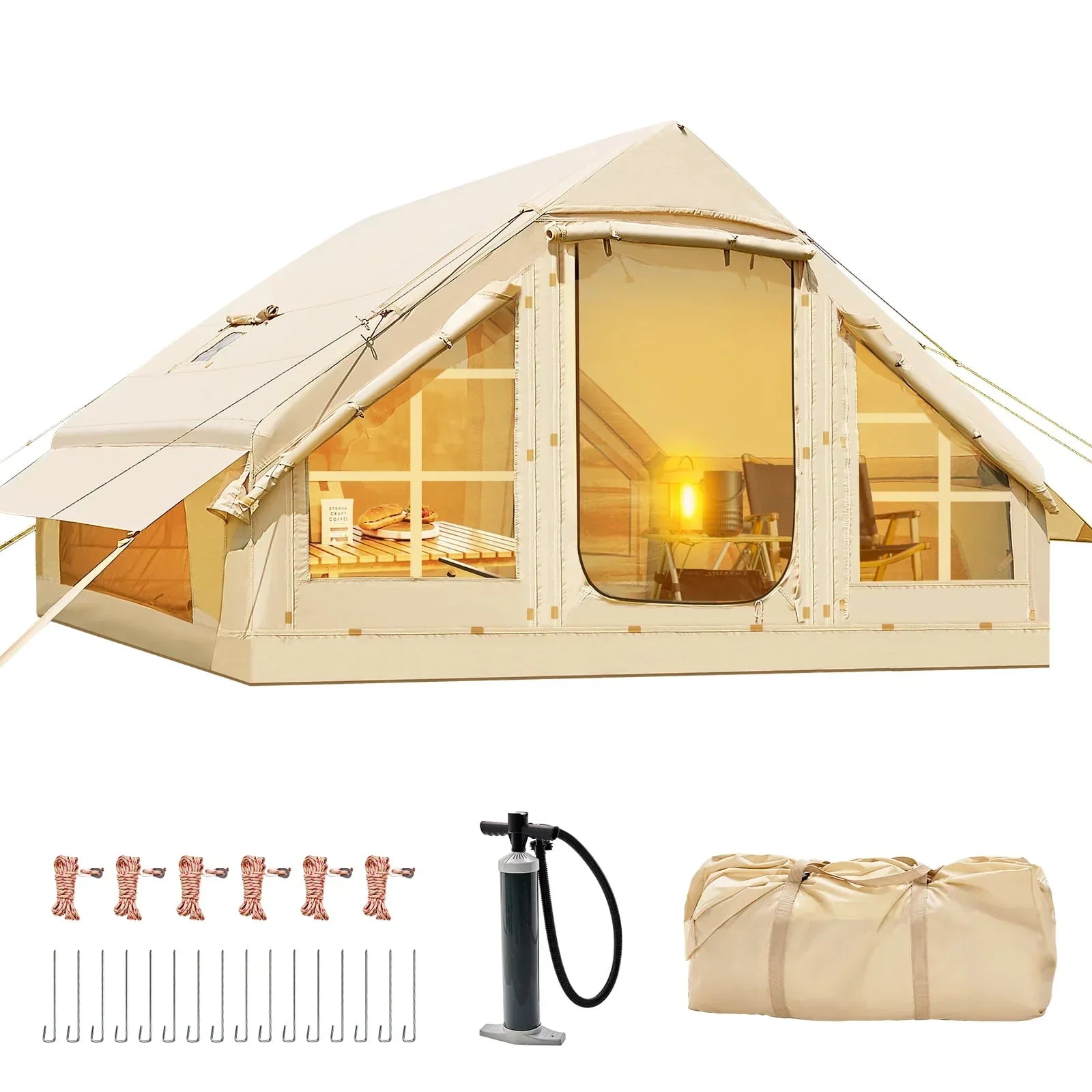 6 Person Inflatable Camping Tent with Pump, 10ft x7ft Glamping Family Tent Easy Setup 4 Season Waterproof Windproof Outdoor Blow Up Tent Luxury Oxford Cabin with Mesh Windows & Doors sgtnighsdesigns
