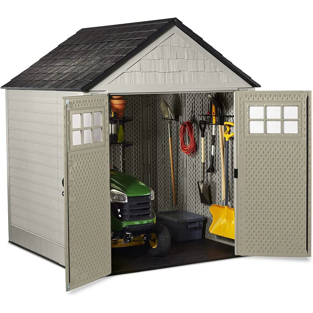 Rubbermaid 7??7 Ft Durable Weather Resistant Resin Outdoor Garden Storage Shed with Windows and Utility Hooks, Sand